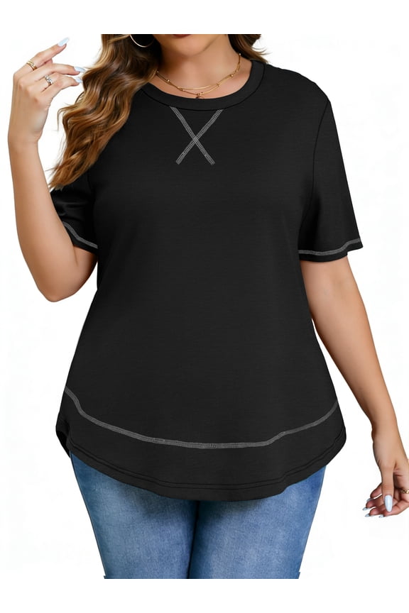 Womens Plus size Tops Curved Hem Summer Short Sleeve Shirts Loose Casual Tunic Tee