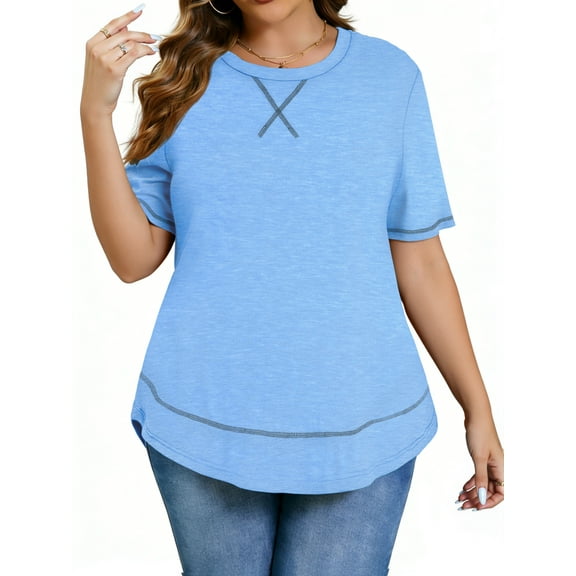 WellSize Womens Plus size Tops Curved Hem Summer Short Sleeve Shirts Loose Casual Tunic Tee