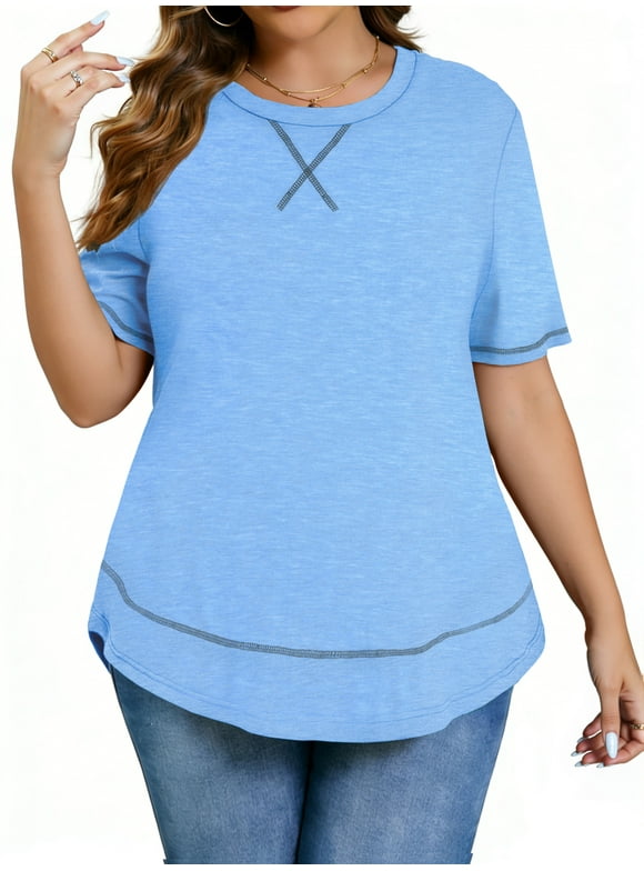 Womens Plus size Tops Curved Hem Summer Short Sleeve Shirts Loose Casual Tunic Tee