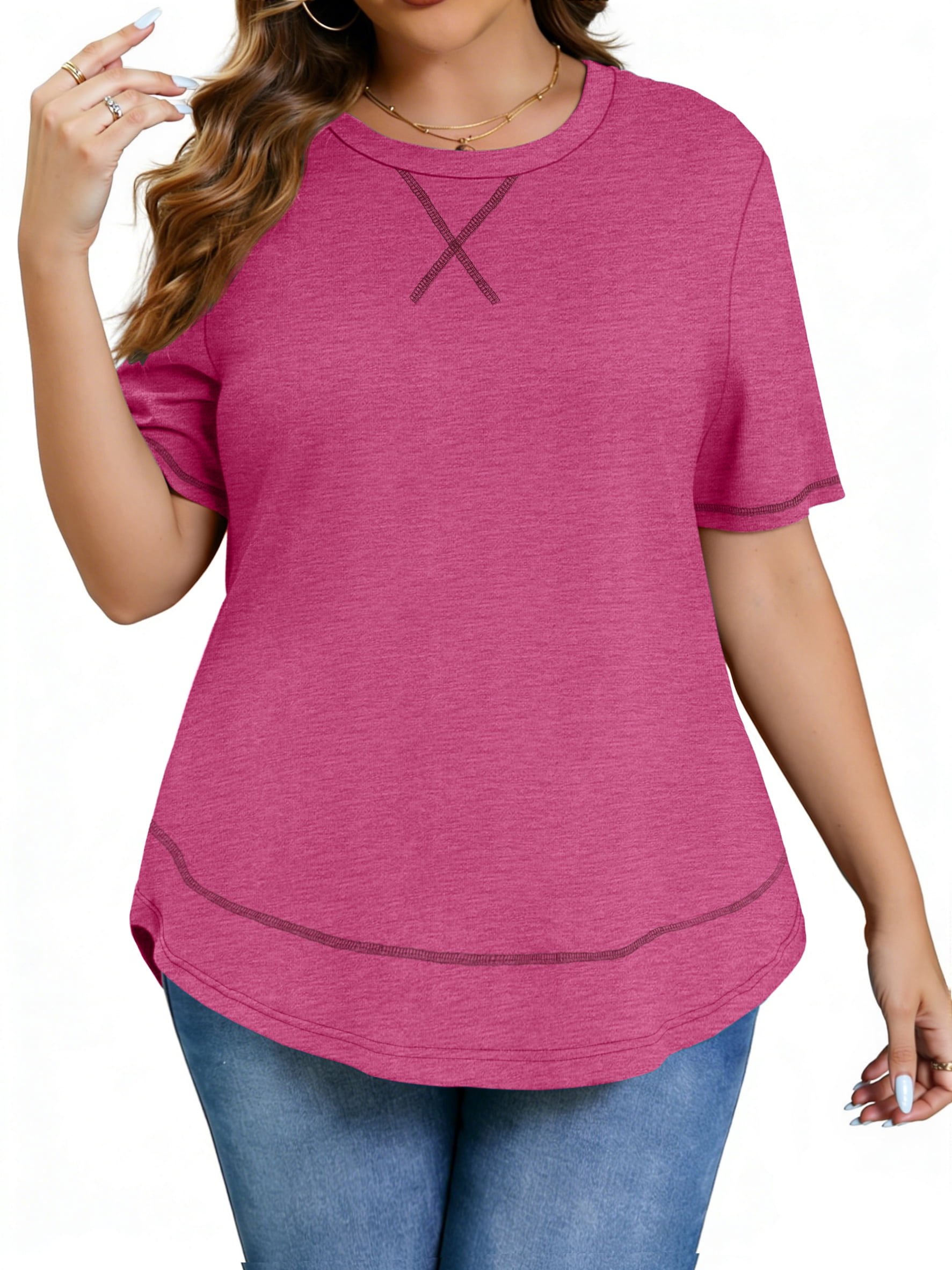 Womens Plus size Tops Curved Hem Summer Short Sleeve Shirts Loose Casual Tunic Tee