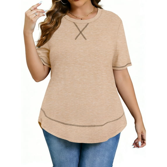 WellSize Womens Plus size Tops Curved Hem Summer Short Sleeve Shirts Loose Casual Tunic Tee