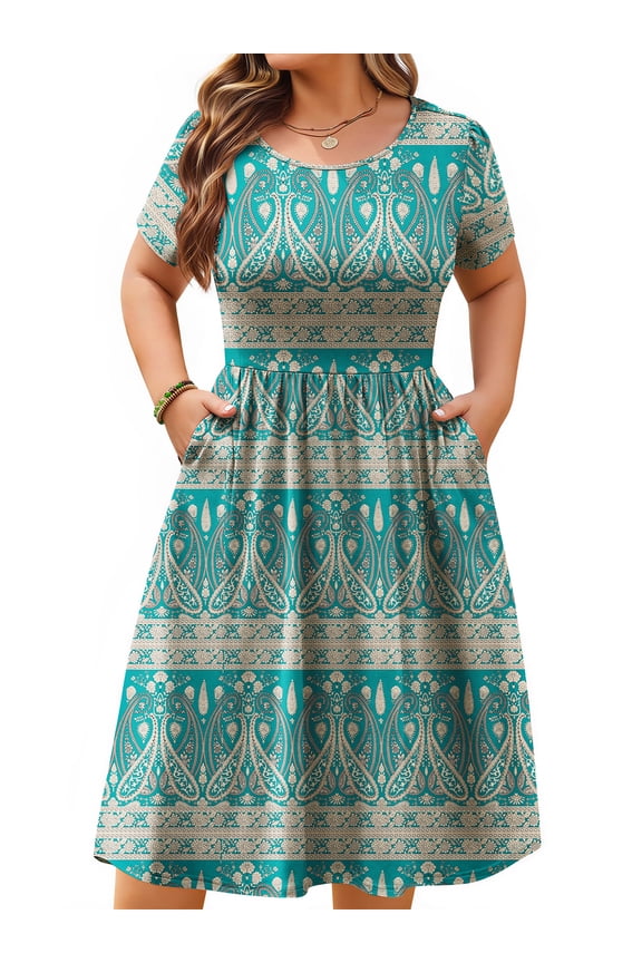 Summer Plus Size Dresses for Women Short Sleeve A-Line Midi Dresses Casual Floral Print Beach Dress with Pockets