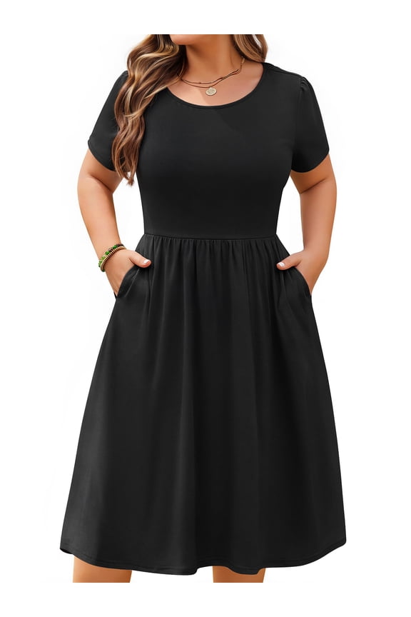 Summer Plus Size Dresses for Women Short Sleeve A-Line Midi Dresses Casual Floral Print Beach Dress with Pockets