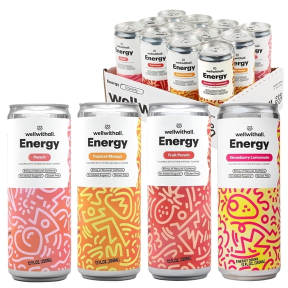 WellWithAll Energy Drink - Variety Pack - Natural Caffeine - Lightly Sparkling 12 oz, 12 Pack