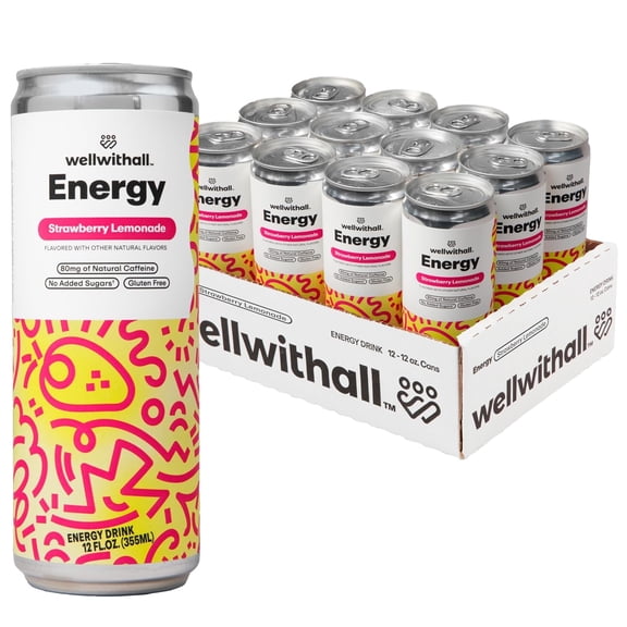 WellWithAll Energy Drink - Strawberry Lemonade - Natural Caffeine - Lightly Sparkling 12 oz, 12 Pack