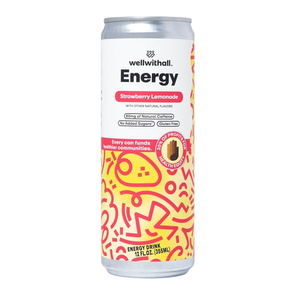 WellWithAll Energy Drink - Strawberry Lemonade - Natural Caffeine - Lightly Sparkling 12 oz