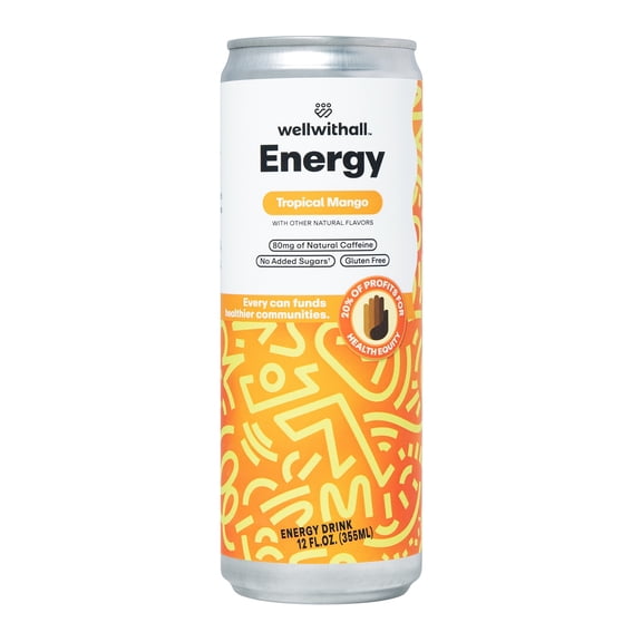 WellWithAll Energy Drink - Tropical Mango - Natural Caffeine - Lightly Sparkling 12 fl oz