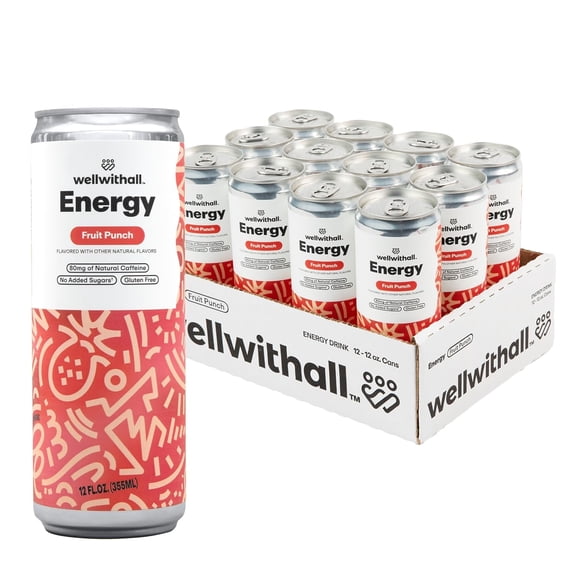 WellWithAll Energy Drink - Fruit Punch - Natural Caffeine - Lightly Sparkling 12 oz, 12 Pack