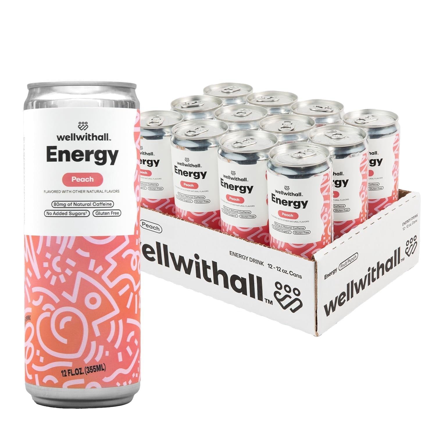 WellWithAll Energy Drink - Peach - Natural Caffeine - Lightly Sparkling 12 oz, 12 Pack