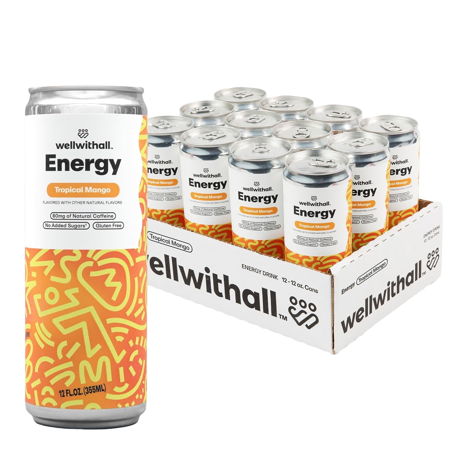 WellWithAll Energy Drink - Tropical Mango - Natural Caffeine - Lightly Sparkling 12 oz, 12 Pack