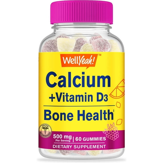 WellYeah Calcium 500mg + Vitamin D3 1000 IU (25 mcg) Gummies - Bone Health and Muscle Supprt, Immune Support Gummy, Non GMO, Gluten Free, Mix Fruit Flavors - 60 Gummies Supplement