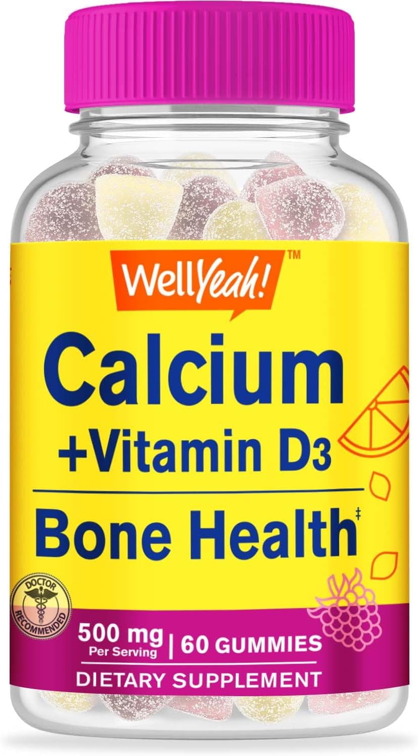 WellYeah Calcium 500mg + Vitamin D3 1000 IU (25 mcg) Gummies - Bone Health and Muscle Supprt, Immune Support Gummy, Non GMO, Gluten Free, Mix Fruit Flavors - 60 Gummies Supplement