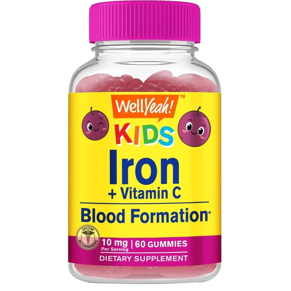WellYeah Iron Gummies for Kids with Vitamin C - Anemia Support, Red Blood Cell Formation, Energy, and Immunity Support Gummy, Iron Supplements for Kids - GMO Free, Natural Grape Flavor - 60 Count