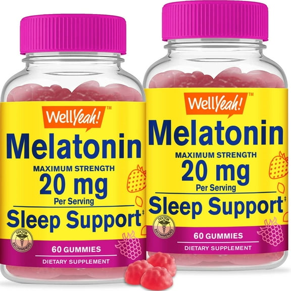 WellYeah Melatonin Gummies 20mg (2 Pack) - Natural Berry Flavor - Drug-Free Gummy Supplement - Gluten Free and Gelatin Free, Vegetarian - 60 Gummies