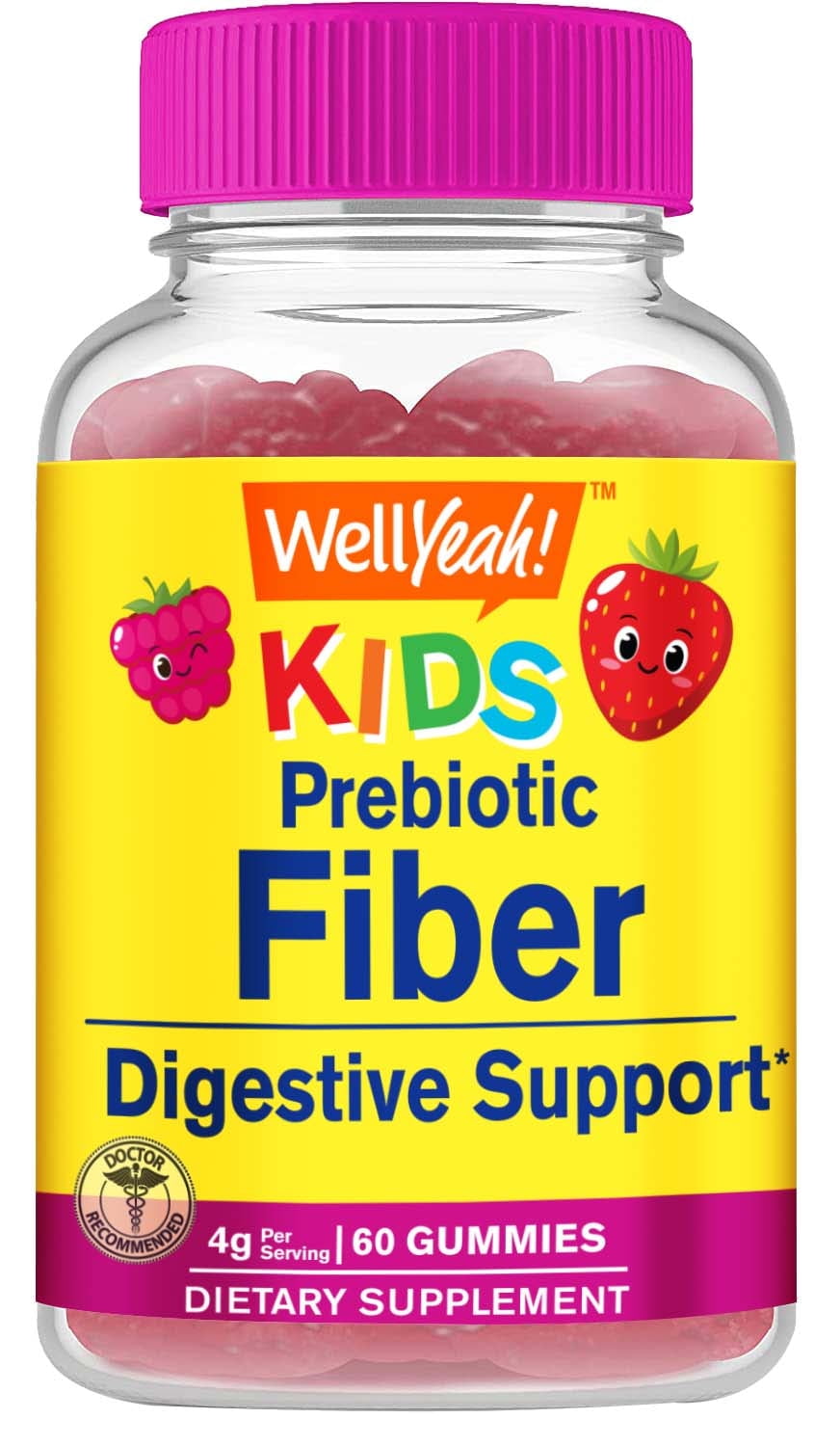 WellYeah Prebiotic Fiber Gummies for Kids - Digestive System Support, Doctor Recommended - Vegan Friendly and Gluten-Free, GMO Free - Yummy Berry Flavors - 60 Count Supplement