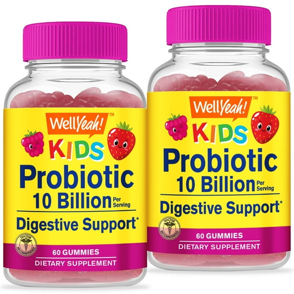 WellYeah Probiotics for Kids Gummies 2 Pack -10 Billion CFU -for Gut Health, Immune Health and Digestive Support -Berry Flavor Chewable Supplement -Vegetarian, Non GMO - 60 Gummies