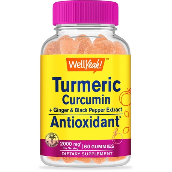 WellYeah Turmeric Curcumin Gummies with Black Pepper - Antioxidant and Digestive Support - Skin Health, and Immune Function - Vegan, Non-GMO - 60 Count
