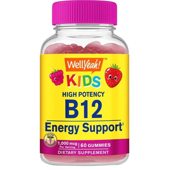 WellYeah Vitamin B12 Gummies for Kids - Boost Energy, Improve Brain Function, and Strengthen Immune System - Non-GMO, Gluten-Free - Great Tasting Berry Flavor - Easy to Chew - 60 Gummies