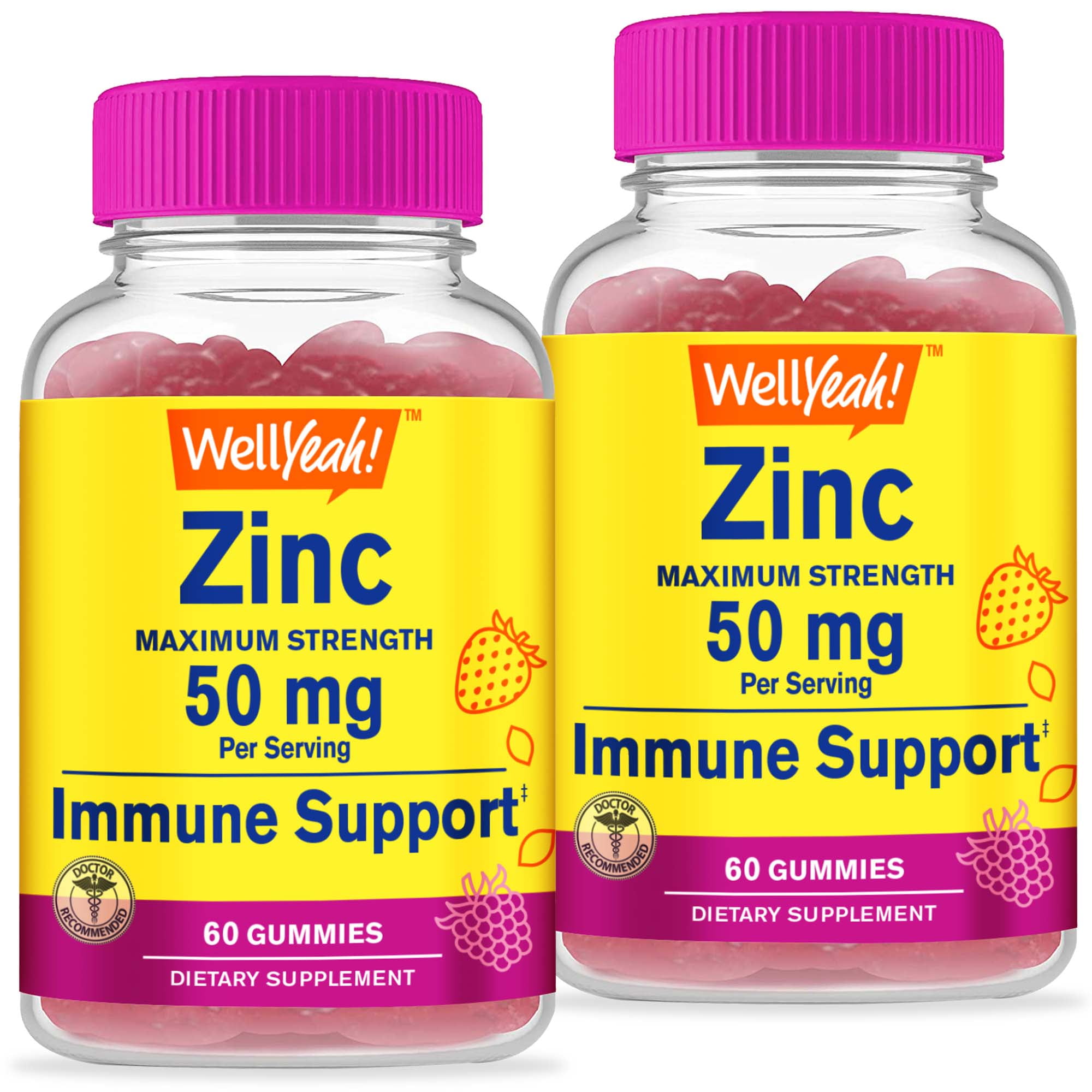 WellYeah Zinc Gummies 50 mg (2 Pack) - Supports Healthy Immune Function and Antioxidant Health - Natural Berry Flavor - Gluten-Free, GMO-Free - Chewable Gummy Dietary Supplement - 60 Gummies