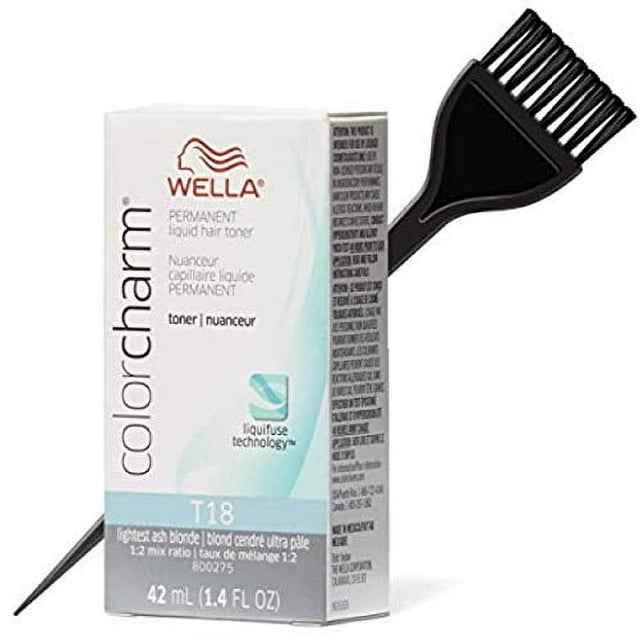 Wella COLOR CHARM Permanent LIQUID HAIR TONER (w/Sleek Tint Brush) Haircolor Liquifuse, 1:2 Mix Ratio Hair Color DYE (T18 Lightest Ash Blonde. - T 18)
