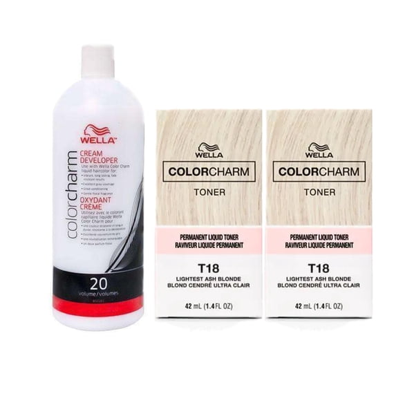 Wella Color Charm T18 Lightest Ash Blonde 1.4 fl each (2pcs ) with CC Creme 20 Volume Developer 3.6oz - Combo