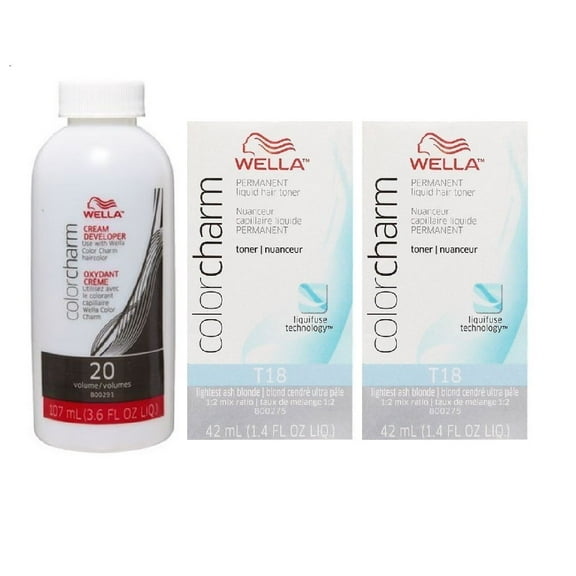 Wella Color Charm T18 Lightest Ash Blonde Liquid Toner (2 pcs) w/Color Charm Developer 3.6oz Combo