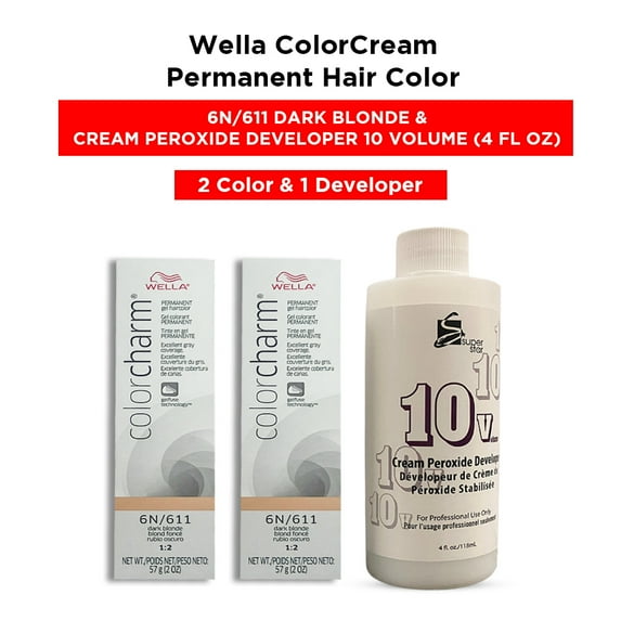 Wella Color Cream Permanent Gel Hair Color - 2 oz ( 6N/611 Dark Blonde ) and Cream Peroxide Developer 10 Volume - 4 fl. oz ( 2 Color and 1 Developer )