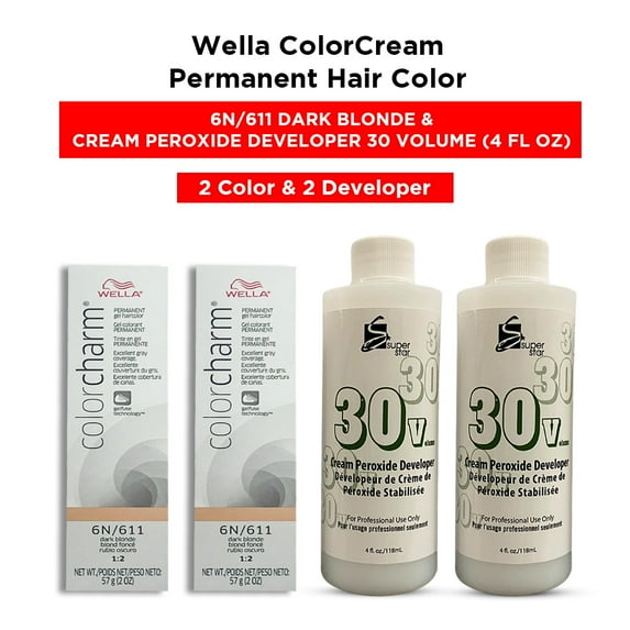 Wella Color Cream Permanent Gel Hair Color - 2 oz ( 6N/611 Dark Blonde ) and Cream Peroxide Developer 30 Volume - 4 fl. oz ( 2 Color and 2 Developer )