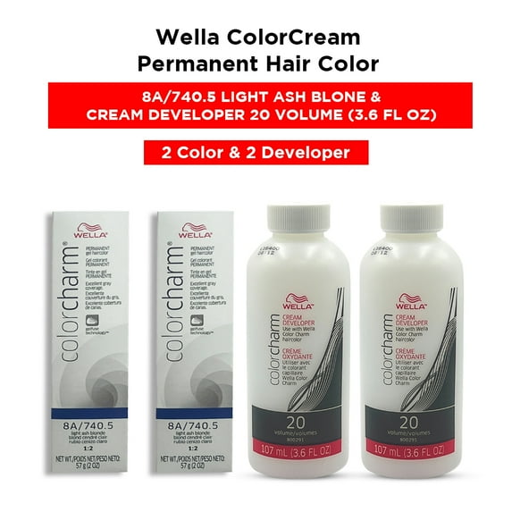 Wella Color Cream Permanent Gel Hair Color - 2 oz ( 8A/740.5 Light Ash Blonde ) and Cream Developer 20 Volume - 3.6 fl. oz ( 2 Color and 2 Developer )
