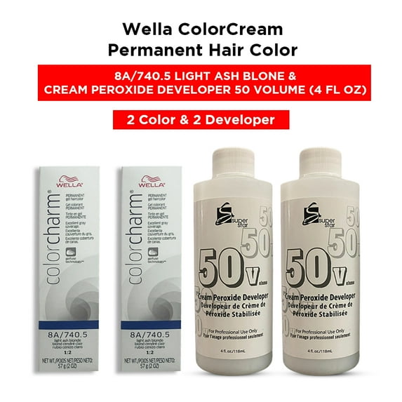 Wella Color Cream Permanent Gel Hair Color - 2 oz ( 8A/740.5 Light Ash Blonde ) and Cream Peroxide Developer 50 Volume - 4 fl. oz ( 2 Color and 2 Developer )
