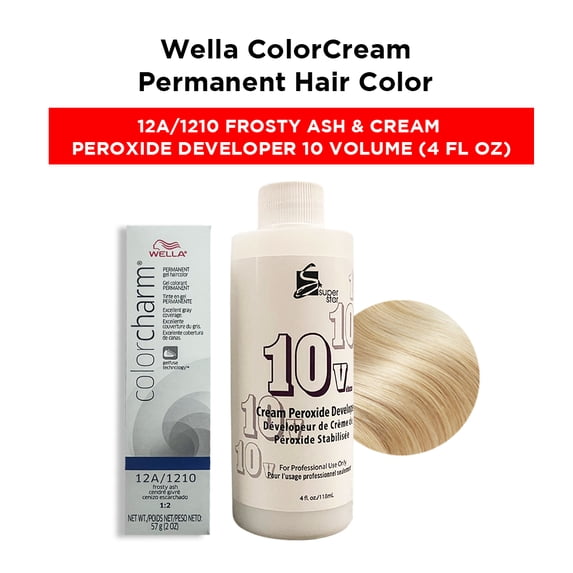 Wella Color Cream Permanent Gel Hair Color - 2 oz ( 12A/1210 Frosty Ash ) and Cream Peroxide Developer 10 Volume - 4 fl. oz
