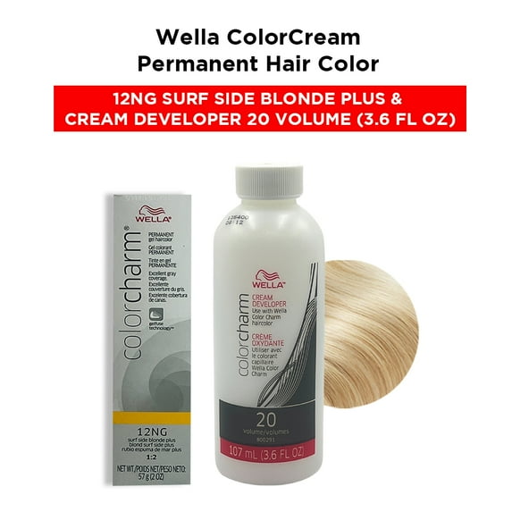 Wella Color Cream Permanent Gel Hair Color - 2 oz ( 12NG Surf Side Blonde Plus ) and Cream Developer 20 Volume - 3.6 fl. oz
