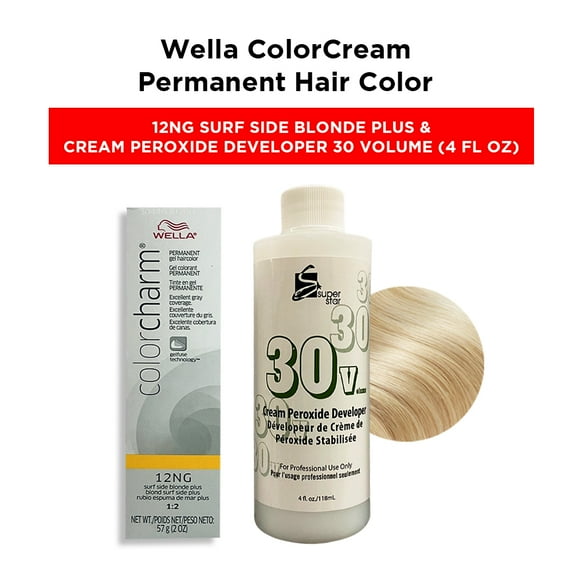 Wella Color Cream Permanent Gel Hair Color - 2 oz ( 12NG Surf Side Blonde Plus ) and Cream Peroxide Developer 30 Volume - 4 fl. oz