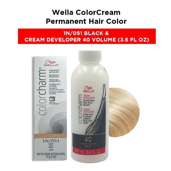 Wella Color Cream Permanent Gel Hair Color - 2 oz ( 1N/051 Black ) and Cream Developer 40 Volume - 3.6 fl. oz