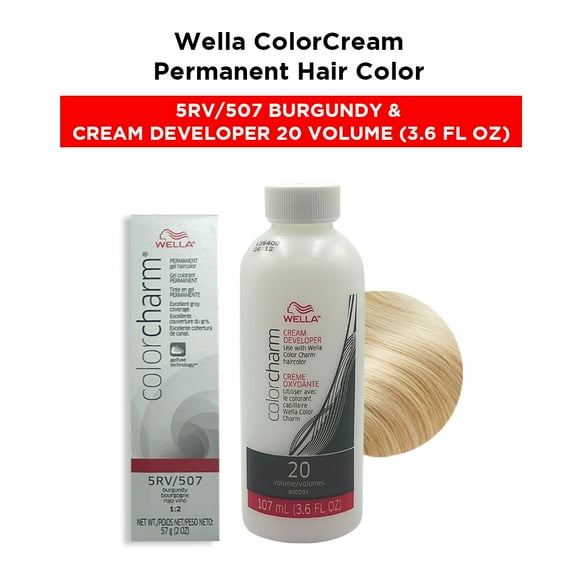 Wella Color Cream Permanent Gel Hair Color - 2 oz ( 5RV/507 Burgundy ) and Cream Developer 20 Volume - 3.6 fl. oz