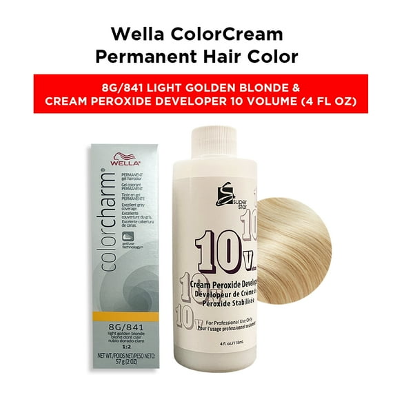 Wella Color Cream Permanent Gel Hair Color - 2 oz ( 8G/841 Light Golden Blonde ) and Cream Peroxide Developer 10 Volume - 4 fl. oz