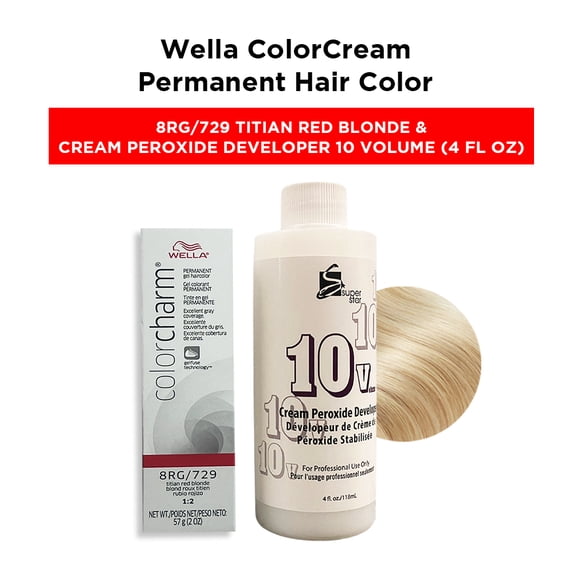 Wella Color Cream Permanent Gel Hair Color - 2 oz ( 8RG/729 Titian Red Blonde ) and Cream Peroxide Developer 10 Volume - 4 fl. oz