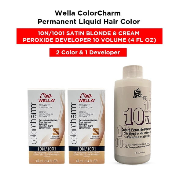 Wella ColorCharm Permanent Liquid Hair Color Toner - 1.4 oz ( 10N/1001 Satin Blonde ) and Cream Peroxide Developer 10 Volume - 4 fl. oz ( 2 Color and 1 Developer )