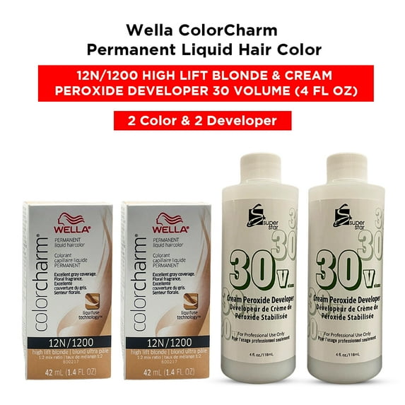 Wella ColorCharm Permanent Liquid Hair Color Toner - 1.4 oz ( 12N/1200 High Lift Blonde ) and Cream Peroxide Developer 30 Volume - 4 fl. oz ( 2 Color and 2 Developer )