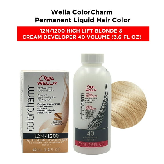 Wella ColorCharm Permanent Liquid Hair Color Toner - 1.4 oz ( 12N/1200 High Lift Blonde ) and Cream Developer 40 Volume - 3.6 fl. oz