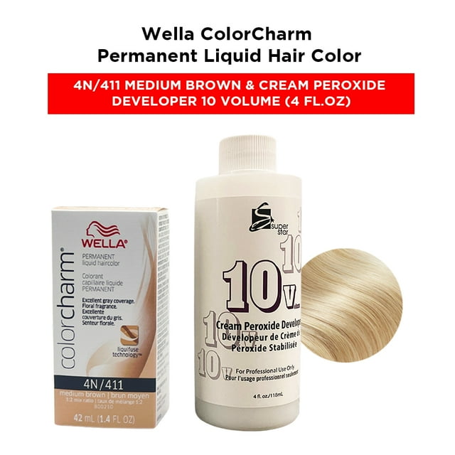 Wella ColorCharm Permanent Liquid Hair Color Toner - 1.4 oz ( 4N/411 Medium Brown ) and Cream Peroxide Developer 10 Volume - 4 fl. oz