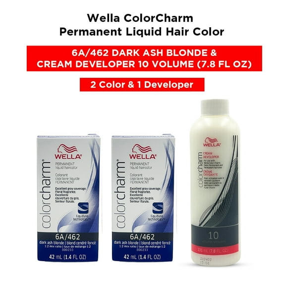 Wella ColorCharm Permanent Liquid Hair Color Toner - 1.4 oz ( 6A/462 Dark Ash Blonde ) and Cream Developer 10 Volume - 7.8 fl. oz ( 2 Color and 1 Developer )