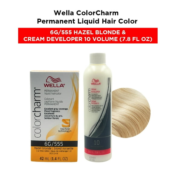 Wella ColorCharm Permanent Liquid Hair Color Toner - 1.4 oz ( 6G/555 Hazel Blonde ) and Cream Developer 10 Volume - 7.8 fl. oz