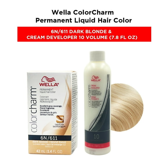 Wella ColorCharm Permanent Liquid Hair Color Toner - 1.4 oz ( 6N/611 Dark Blonde ) and Cream Developer 10 Volume - 7.8 fl. oz
