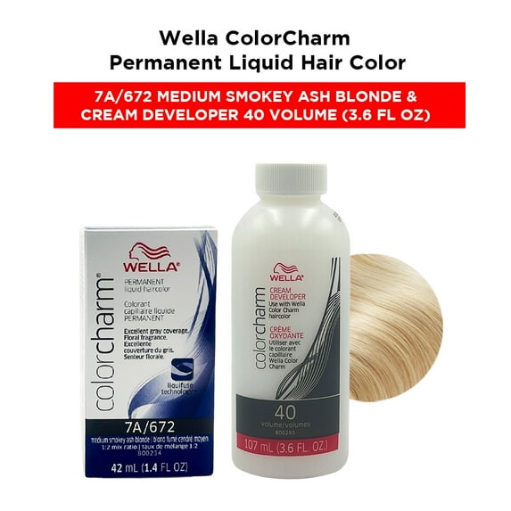 Wella ColorCharm Permanent Liquid Hair Color Toner - 1.4 oz ( 7A/672 Medium Smokey Ash Blonde ) and Cream Developer 40 Volume - 3.6 fl. oz