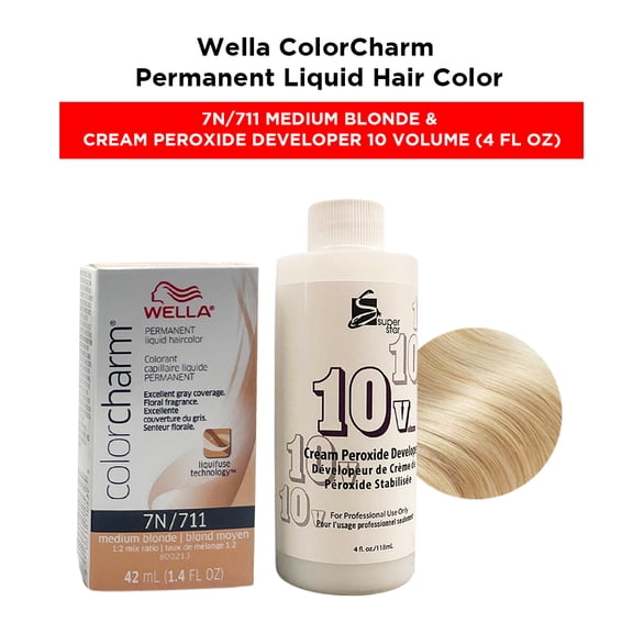 Wella ColorCharm Permanent Liquid Hair Color Toner - 1.4 oz ( 7N/711 Medium Blonde ) and Cream Peroxide Developer 10 Volume - 4 fl. oz