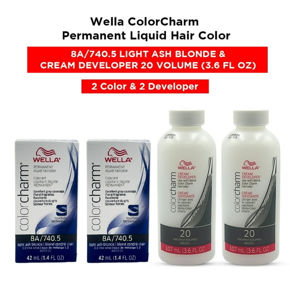 Wella ColorCharm Permanent Liquid Hair Color Toner - 1.4 oz ( 8A/740.5 Light Ash Blonde ) and Cream Developer 20 Volume - 3.6 fl. oz ( 2 Color and 2 Developer )