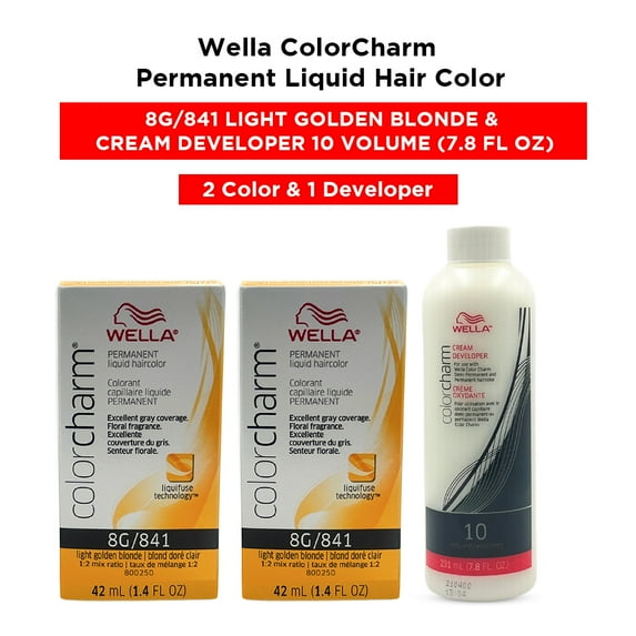 Wella ColorCharm Permanent Liquid Hair Color Toner - 1.4 oz ( 8G/841 Light Golden Blonde ) and Cream Developer 10 Volume - 7.8 fl. oz ( 2 Color and 1 Developer )