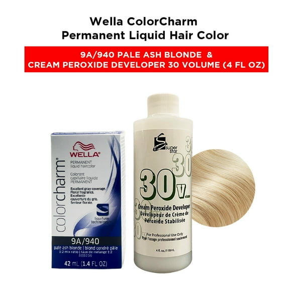 Wella ColorCharm Permanent Liquid Hair Color Toner - 1.4 oz ( 9A/940 Pale Ash Blonde ) and Cream Peroxide Developer 30 Volume - 4 fl. oz