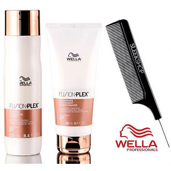 Wella FUSION PLEX Intense Repair Shampoo & Conditioner SET (with Sleek Steel Pin Tail Comb) - 8.4 oz + 6.7 oz - DUO Kit